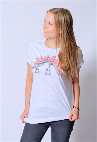 DINOSAUR SKELETON ROSES GREY T-SHIRT