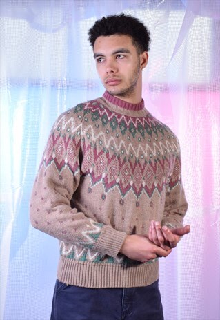 VINTAGE KAPPA BROWN, PINK AND GREEN KNITTED JUMPER