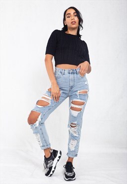 Black Cable Knit Short Sleeve Cropped Jumper