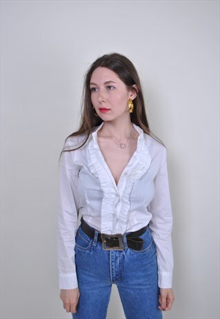VINTAGE RUFFLED BLOUSE, 90S WHITE SHIRT, SEXY TOP, WOMENS