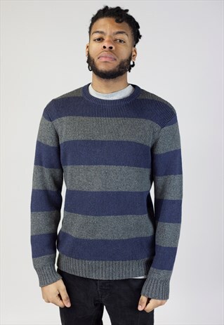 VINTAGE LEVI'S NAVY AND GREY STRIPED KNIT JUMPER