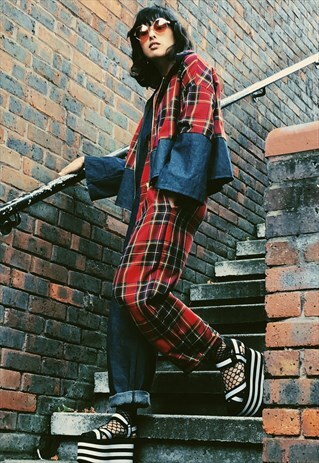 RED TARTAN & DENIM JUMPSUIT