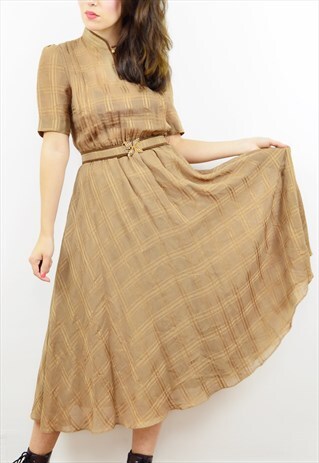 VINTAGE 70S LIGHT BROWN CHECKED BOHO MIDI DRESS
