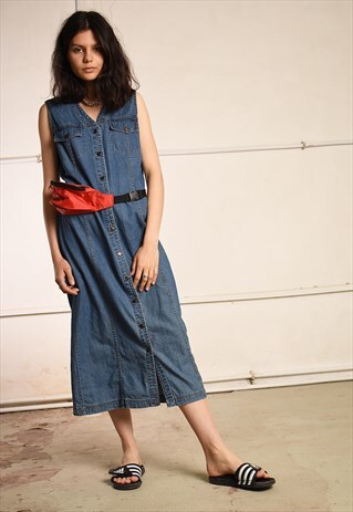 VINTAGE 90'S RETRO DENIM BUTTON UP PINAFORE MIDI DRESS