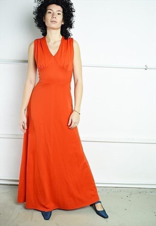 VINTAGE 70S BOHO SOLID RED MAXI FULL LENGTH EVENING DRESS