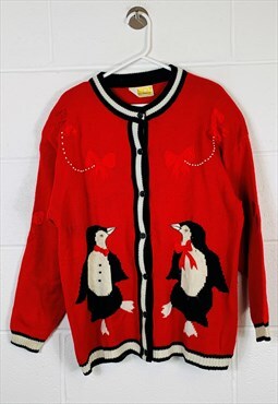 Vintage Knitted Patterned Cardigan Red Penguin 