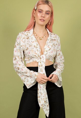 WHITE DITZY FLORAL PRINT TIE FRONT TOP / BLOUSE
