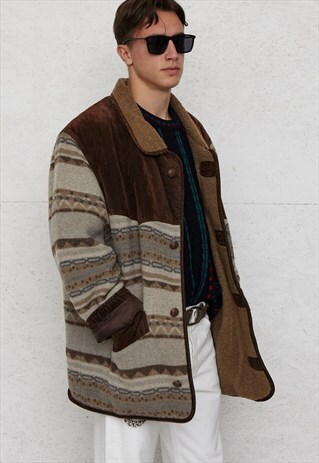 VINTAGE BROWN GREY CASUAL LAND SHEARLING AZTEC JACKET