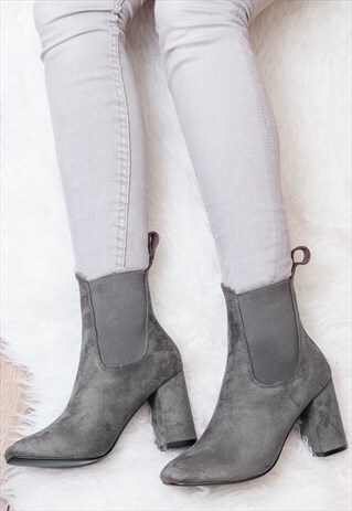 SILVANA SLIP ON HEELED ANKLE BOOTS - GREY SUEDE STYLE