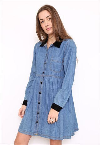 VINTAGE 80S BLUE DENIM VELVET COLLAR DRESS