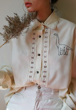 REWORKED VINTAGE HAND EMBROIDERED BEIGE LINEN LACE SHIRT