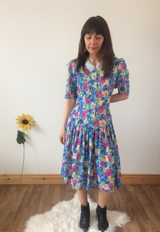 VINTAGE 80S FLORAL LACE COLLAR MIDI DRESS
