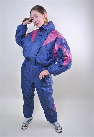 VINTAGE PURPLE SKI SUIT, 80S DARK ONE PIECE SNOW SUIT