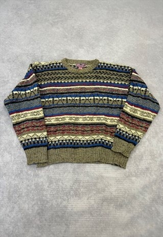 VINTAGE KNITTED JUMPER ABSTRACT PATTERNED GRANDAD SWEATER