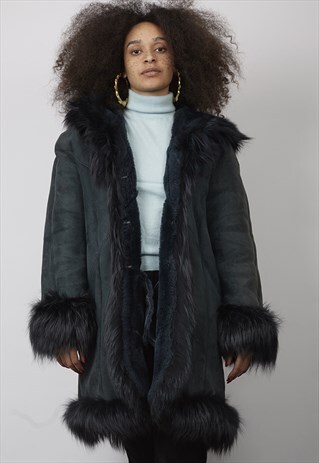 VINTAGE 90'S PREMIUM DARK GREEN HOODED SHEEPSKIN COAT