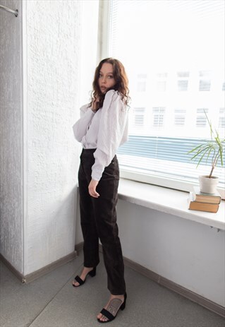 VINTAGE 80'S BROWN HIGH WAISTED SUEDE STRAIGHT TROUSERS
