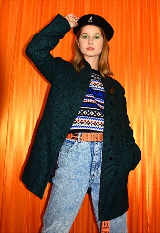VINTAGE 80S LONG BLAZER JACKET DARK GREEN BLACK WOOL BOUCLE