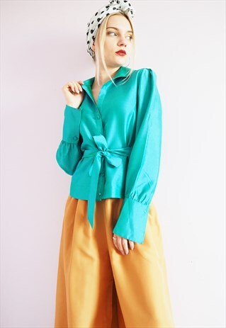 VINTAGE 80'S BUTTON FRONT BELTED SHIMMERING TURQUOISE BLOUSE
