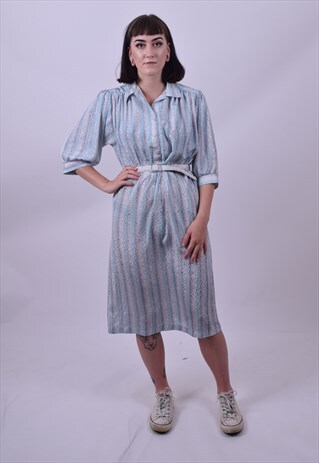 VINTAGE 70'S BABY BLUE STRIPE MED SLEEVE DRESS SIZE 12 14