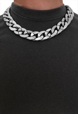 54 Floral 3cm 14" Choker Chunky Curb Necklace Chain - Silver
