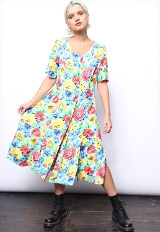 VINTAGE 90S MULTICOLOURED FLORAL PRINT BUTTON MIDI DRESS