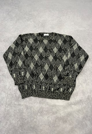 VINTAGE KNITTED JUMPER ABSTRACT PATTERNED GRANDAD SWEATER