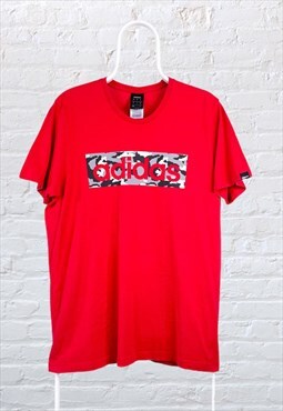 Vintage Adidas Box Logo T-Shirt Red Medium