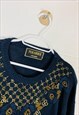 VINTAGE KNITTED JUMPER BLUE WITH FLOWER PATTERN