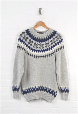 Vintage Knitted Jumper Nordic Pattern Wool Grey Ladies M