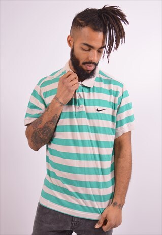 NIKE MENS VINTAGE POLO SHIRT LARGE GREEN STRIPES 90S