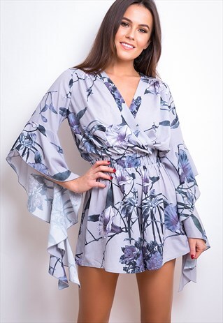 ELSIE WRAP DRAPED SLEEVE PLAYSUIT GREY