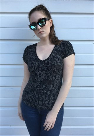 WOMENS VINTAGE 90S Y2K ELLE TSHIRT ELLE ALL OVER PRINT TOP