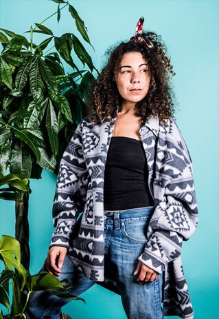 VINTAGE 1980S GREY PATTERNED FLEECE BOYFRIEND SHIRT