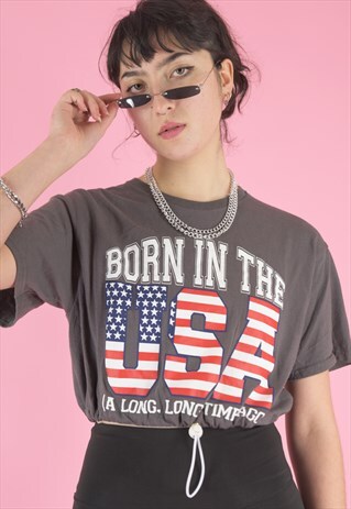 VINTAGE REWORKED CROP TOP BROWN WITH BORN IN THE USA PRINT
