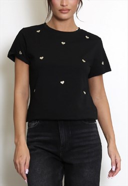 Heart Embroidered Round Neck T-Shirt In Black
