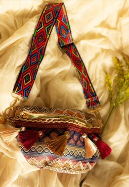 Purple Tones Embroidered Tassel Colourful Bum Bag