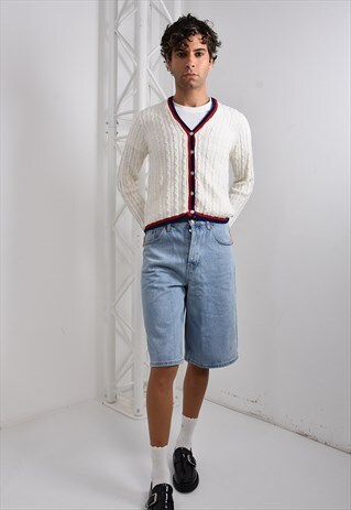 80s Preppy White Button Up Cable Knit Cardigan