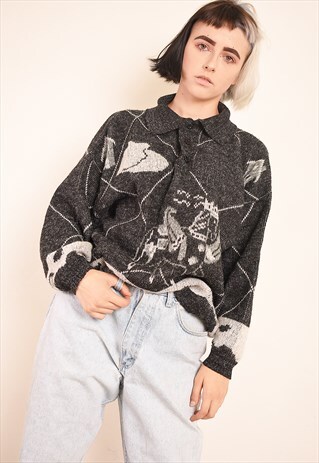 VINTAGE 90S GRAPHIC PATTERN OVERSIZED JAZZY KNIT JUMPER