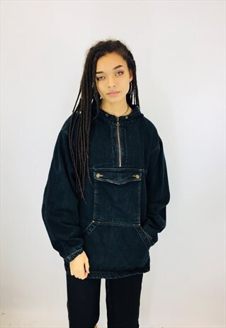 VINTAGE BLACK DENIM PULLOVER HOODED JACKET
