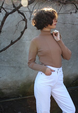 COTTON BLEND BEIGE TURTLENECK TOP