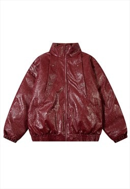 Crushed faux leather utility bomber jacket grunge puffer red