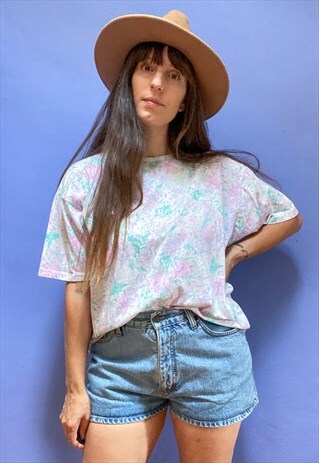 VINTAGE 90'S PASTEL FLORAL PRINT LOOSE TEE T-SHIRT - M/L