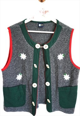 Vintage 90s Wool Vest Gray Green Floral Flowers