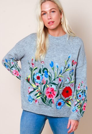 GREY KNIT FLORAL EMBROIDERED JUMPER