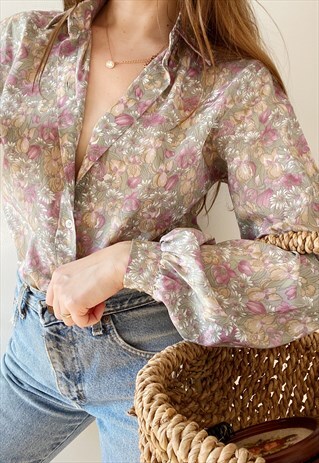VINTAGE 70S ENGLISH COTTAGE GARDEN FLORAL PRINT BLOUSE TOP