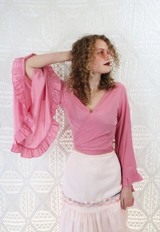 HANDMADE BOHEMIAN FLARED SLEEVE WRAP TOP - PALE PINK