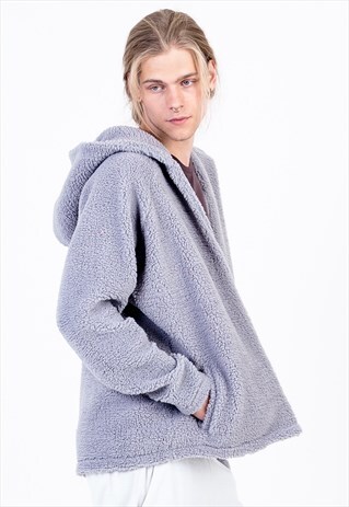 FLEECE JACKET IN FROST GREY WITH SIDE POCKETS AND HOOD