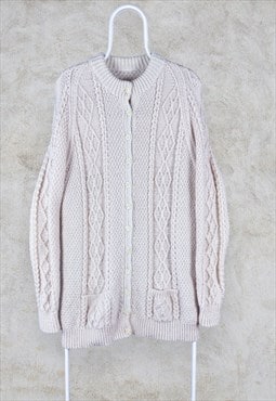 Aran Knit Cable Button Up Jumper Chunky Cream Women's L/XL