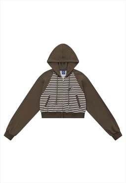 Cropped stripe hoodie zigzag pullover retro print top brown