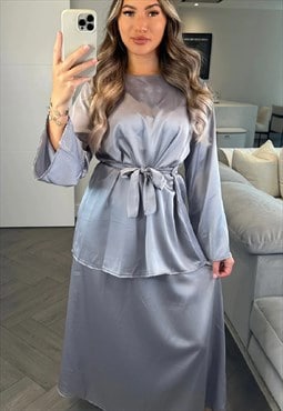 Satin Top And Maxi Skirt Co Ord (Grey)